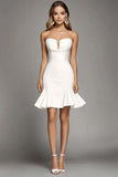 Ivory Strapless Satin Bodycon Short Work Dress with Ruffles