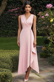 Pink Satin V Neck Sleeveless Maxi Work Dress with Ruffles