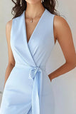 Sky Blue Satin Bodycon Sleeveless Short Work Blazer Dress with Sash