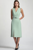 V-Neck Bodycon Mint Green Midi Work Blazer Dress with Slit