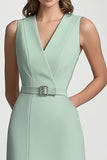 V-Neck Bodycon Mint Green Midi Work Blazer Dress with Slit