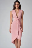 Simple Pink Deep V Neck Ruffled Short Work Dress with Sash