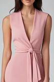 Simple Pink Deep V Neck Ruffled Short Work Dress with Sash