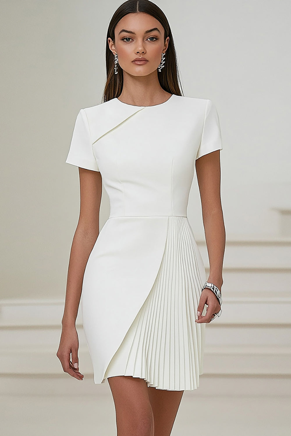Leely Women White Bodycon Work Dress with Short Sleeves Round Neck Pleated Semi Formal Dress – leelyuk Leely Women White Bodycon Work Dress with Short Sleeves Round Neck Pleated Semi Formal Dress – leelyuk