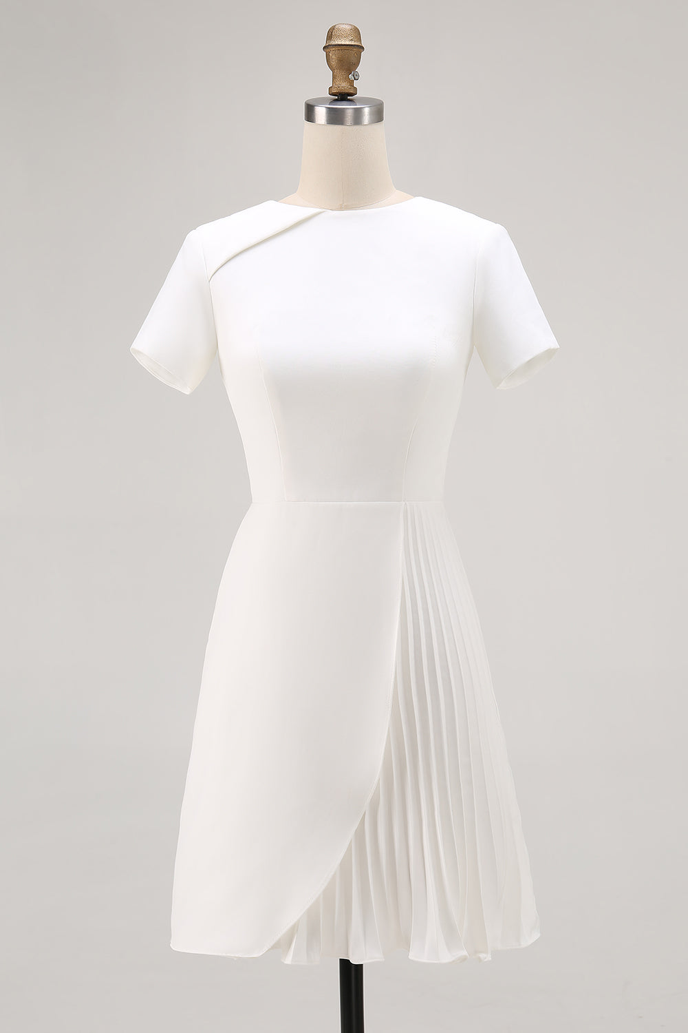 Leely Women White Bodycon Satin Work Dress with Short Sleeves Round Neck Pleated Semi Formal Dress leelyuk Leely Women White Bodycon Satin Work Dress with Short Sleeves Round Neck Pleated Semi Formal Dress leelyuk