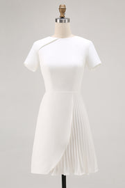White Bodycon Satin Short Sleeve Work Dress with Pleats