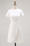 White Bodycon Satin Short Sleeve Work Dress with Pleats