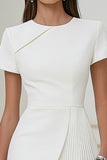 White Bodycon Satin Short Sleeve Work Dress with Pleats