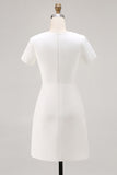 White Bodycon Satin Short Sleeve Work Dress with Pleats