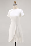 White Bodycon Satin Short Sleeve Work Dress with Pleats