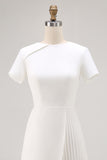 White Bodycon Satin Short Sleeve Work Dress with Pleats