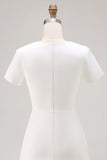 White Bodycon Satin Short Sleeve Work Dress with Pleats