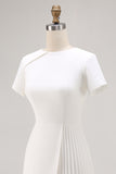 White Bodycon Satin Short Sleeve Work Dress with Pleats
