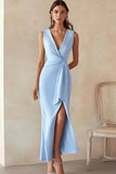Sky Blue Satin Sheath Deep V-Neck Long Work Dress with Slit