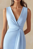Sky Blue Satin Sheath Deep V-Neck Long Work Dress with Slit