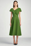 Green A Line Midi Satin Asymmetrical Neck Work Dress with Sleeves