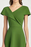 Green A Line Midi Satin Asymmetrical Neck Work Dress with Sleeves
