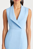 Sky Blue Satin Shawl Lapel Bodycon Midi Work Blazer Dress