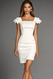 Ivory Short Bodycon Satin Square Neck Work Dress