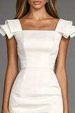 Ivory Short Bodycon Satin Square Neck Work Dress