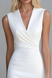 Bodycon Ivory V-Neck Satin Short Work Dress