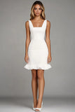 Ivory Bodycon Sqaure Neck Ruffled Summer Short Work Dress