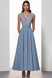 Grey Blue A Line Deep V-Neck Maxi Work Dress with Pockets