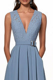 Grey Blue A Line Deep V-Neck Maxi Work Dress with Pockets