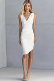 Ivory Satin V-Neck Ruched Asymmetrical Work Dress