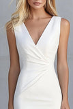 Ivory Satin V-Neck Ruched Asymmetrical Work Dress