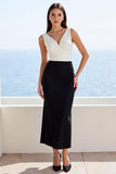 Black and White Mermaid V Neck Satin Long Work Dress