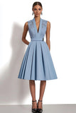 Grey Blue A Line Deep V-Neck Midi Work Dress