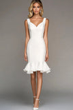 Ivory Bodycon Satin V Neck Ruffled Midi Work Dress