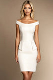 Off the Shoulder Ivory Satin Bodycon Short Work Dress