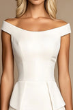 Off the Shoulder Ivory Satin Bodycon Short Work Dress