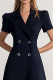 Navy A Line Short Notched Lapel Double Breasted Work Blazer Dress