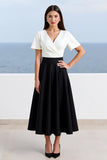 A Line Black White V-Neck Maxi Work Dress