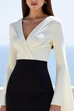 Black White V-Neck Long Sleeve Midi Work Dress