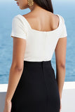 Black White Bodycon Square Neck Midi Work Dress with Slit