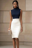 Navy Ivory High Neck Sleeveless Bodycon Work Dress