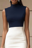 Navy Ivory High Neck Sleeveless Bodycon Work Dress