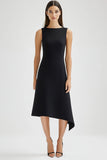 Black Bateau Neck A Line Satin Work Dress