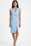 Sky Blue Bodycon Shawl Lapel Work Dress with Slit