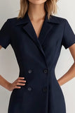 Navy Peak Lapel Double Breasted Short Work Blazer Dress