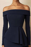 Off the Shoulder Navy Bodycon Long Sleeve Work Dress