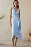 Sky Blue Sheath V-Neck Long Work Dress with Sash