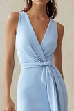 Sky Blue Sheath V-Neck Long Work Dress with Sash