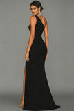 Black Mermaid One Shoulder Satin Maxi Formal Dress with Slit