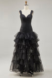 Black Spaghetti Straps Ruffled Long Formal Dress with Slit