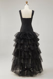 Black Spaghetti Straps Ruffled Long Formal Dress with Slit